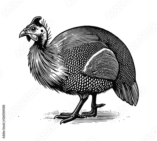 guinea fowl engraving black and white outline