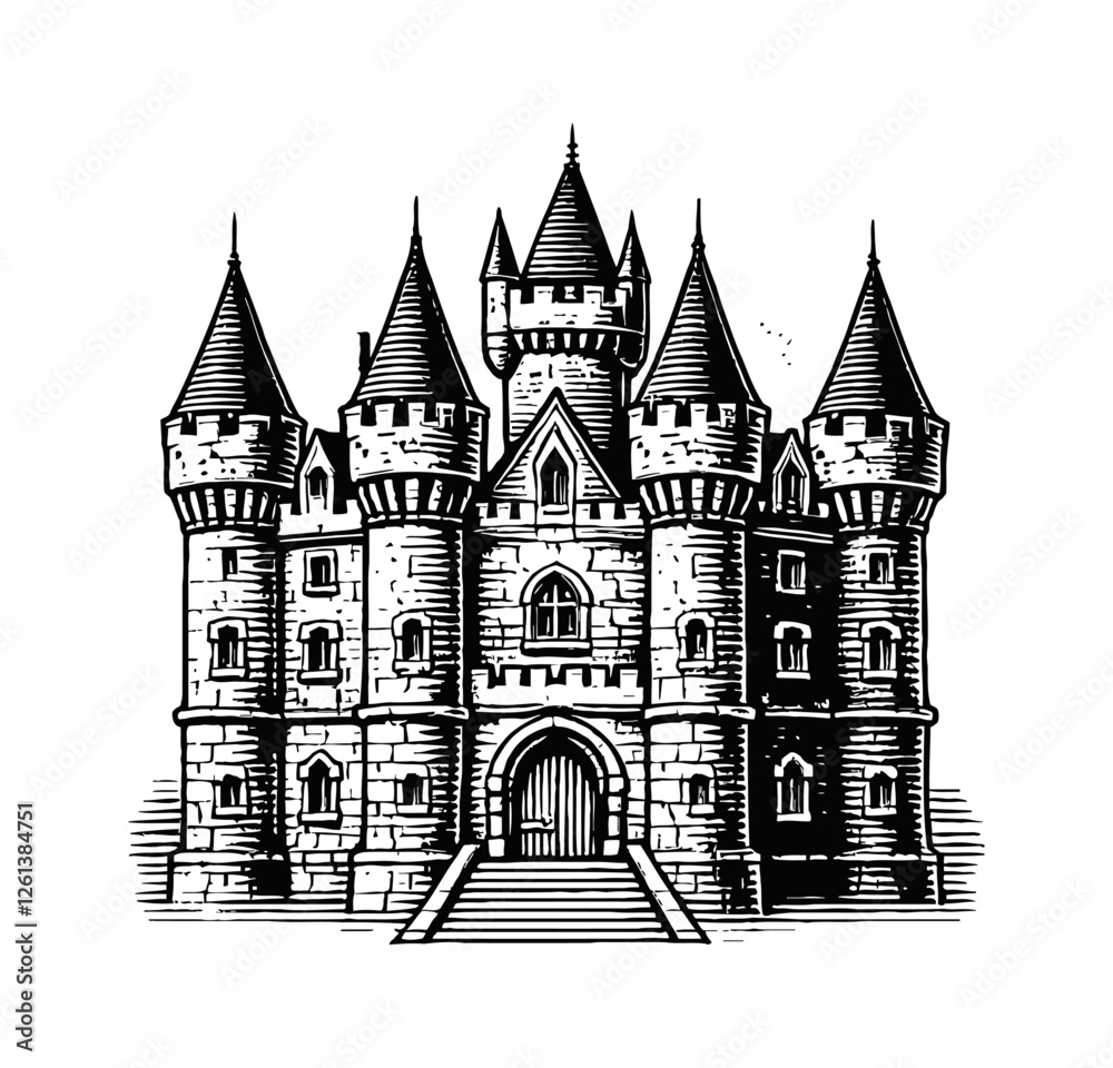 Obraz premium medieval stone castle engraving black and white outline