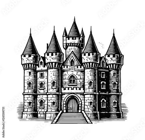 medieval stone castle engraving black and white outline