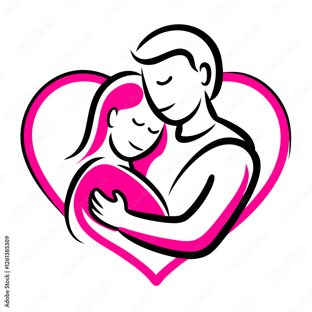 Couple hugging icon in heart, love and affection concept Couple hugging icon in heart, love and affection concept