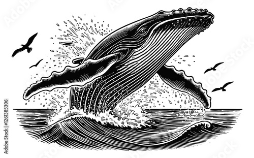 humpback whale breaching from the water engraving black and white outline