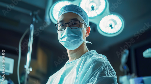 Obraz na płótnie A masked surgeon in an advanced operating room looks confidently at the camera, surrounded by equipment. w salonie