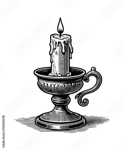single candle with a holder engraving black and white outline