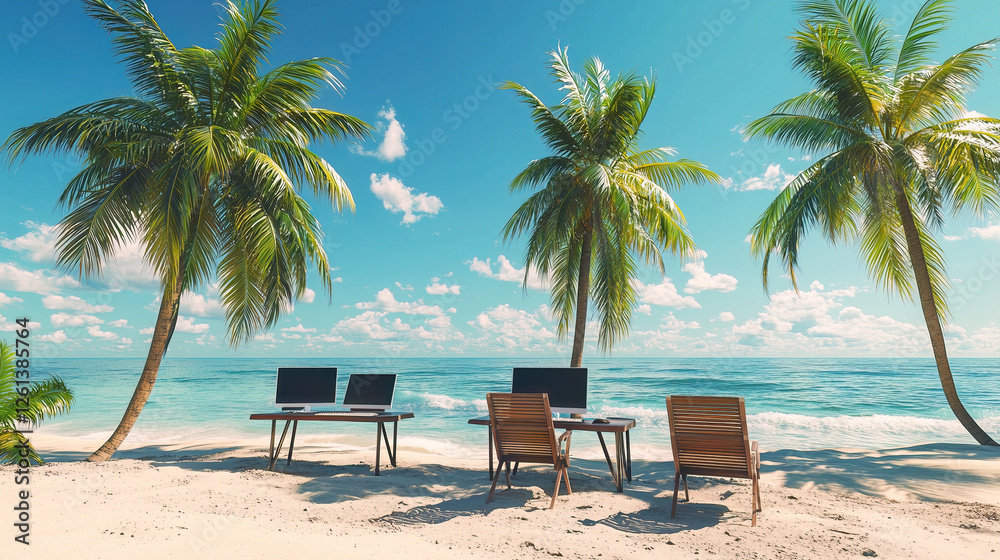 The ultimate digital nomad workspace: beachfront office with three screens under swaying palms, where productivity meets paradise