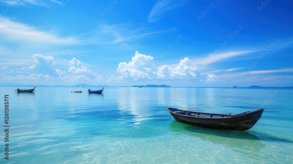 Naklejka premium Serene seascape featuring traditional wooden boats under a bright blue sky