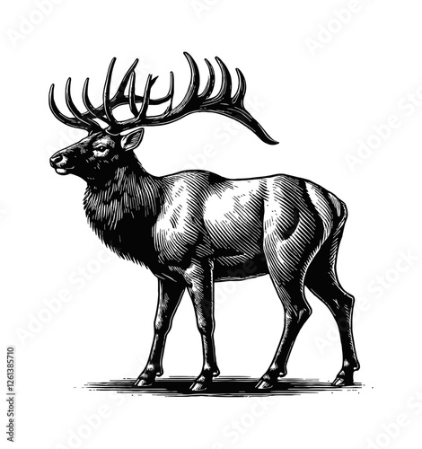 elk with large antlers engraving black and white outline