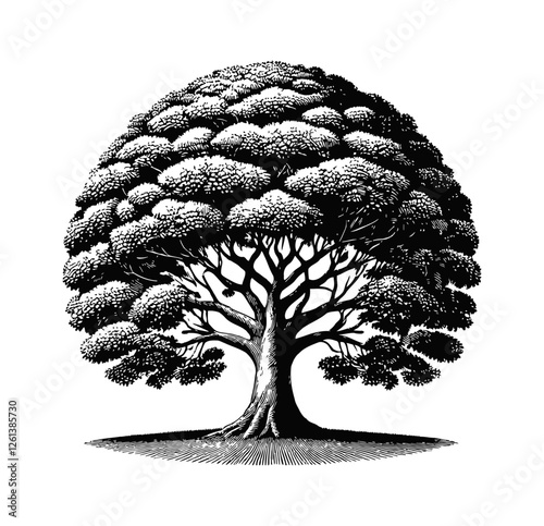 tree has a symmetrical, semi-circular canopy with dense foliage engraving black and white outline