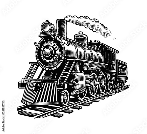 steam locomotive engraving black and white outline