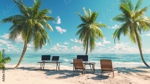 Obraz na płótnie The ultimate digital nomad workspace: beachfront office with three screens under swaying palms, where productivity meets paradise w salonie