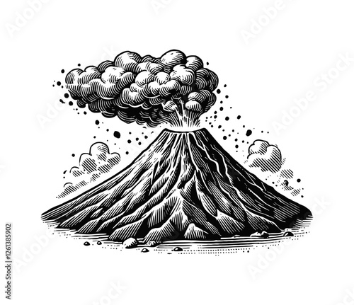 volcanic mountain erupting engraving black and white outline