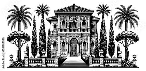 Italian villa with cypress trees and a palm tree on either side engraving black and white outline