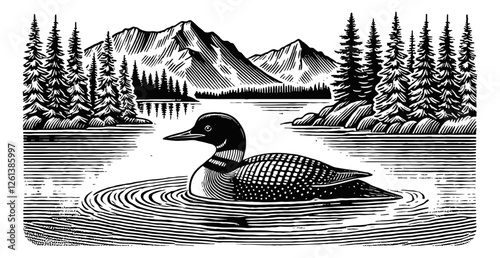 loon on a lake with a mountainous background engraving black and white outline