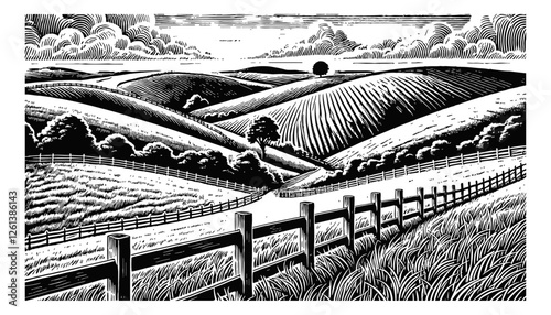 countryside landscape with rolling hills and a fence engraving black and white outline