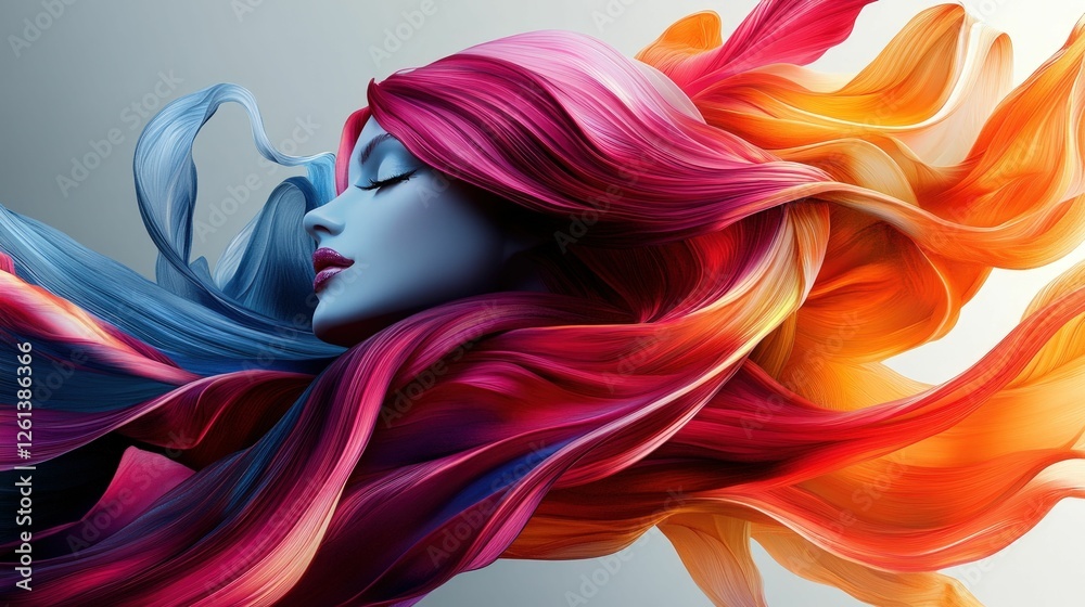 Serene woman vibrant colorful flowing hair Serene woman vibrant colorful flowing hair