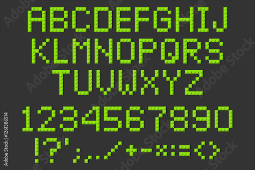 Letters and numbers from green building brick toy blocks. Colourful alphabet isolated on grey background. Building bricks font.