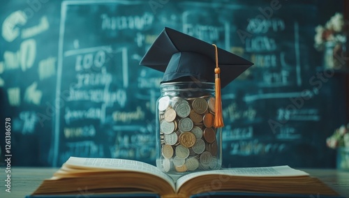 Wallpaper Mural Graduation Cap on Jar of Coins Representing Investment in Education with Open Book and Blackboards in Background Torontodigital.ca