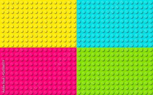 Plastic construction plate. Green, pink, blue and yellow plastic toy block background. Vector seamless pattern