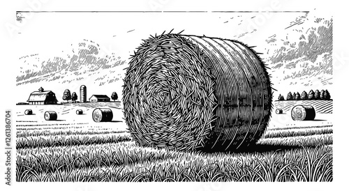 hay bale in a farm field engraving black and white outline