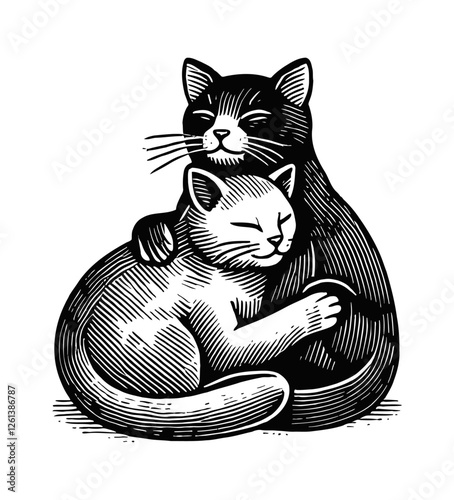 two cats hugging engraving black and white outline