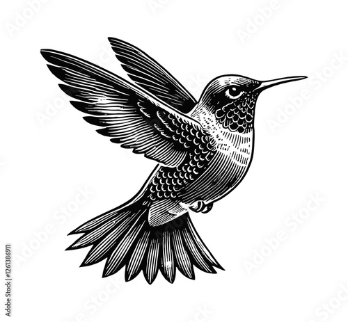hummingbird engraving black and white outline