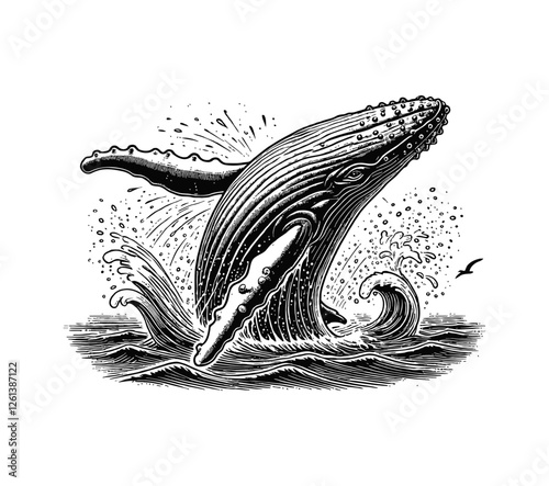 humpback whale breaching from the water engraving black and white outline