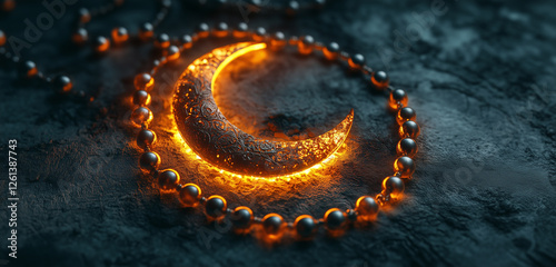 A crescent moon surrounded by glowing beads of a tasbih, resting on a charcoal grey background.