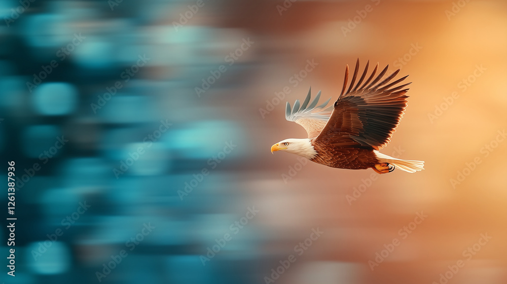 Fototapeta premium A powerful eagle soars at high speed with dynamic motion blur, illuminated by striking red and blue light. A dramatic and energetic scene symbolizing strength and freedom.