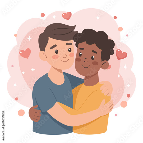 Happy gay couple hugging. Love, romance, dating concept. Valentine's day greeting card. Flat style illustration.