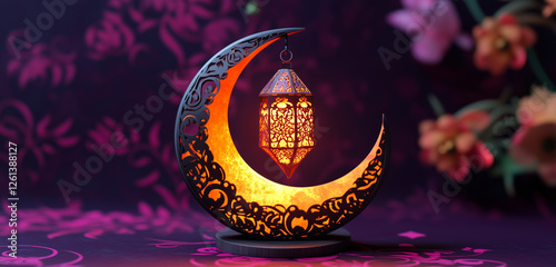 A glowing Ramadan lantern placed inside a crescent moon, radiating warm light on a plum background.