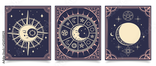 Set of cards with mystical sacred sun, moon and stars. Art prints, wall posters. Illustration