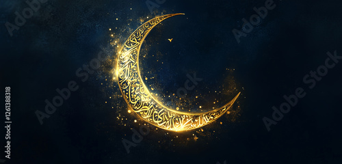 A glowing crescent moon in gold, radiating light on a dark navy background.