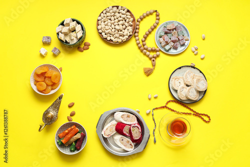 Frame made of different Eastern sweets, Aladdin lamp and tasbih for Ramadan on yellow background photo