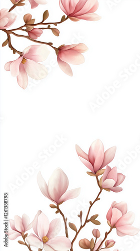 Delicate magnolia blossoms framing white backdrop, pale pink petals spreading softly against slender brown branches, highlighting gentle botanical elegance