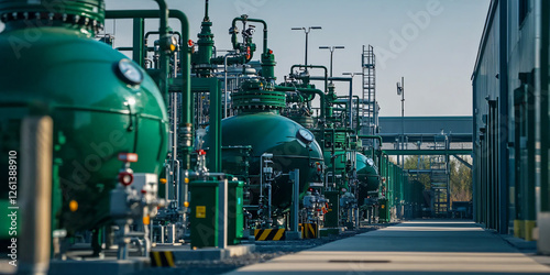 A close-up of biogas plant's large anaerobic digesters, showcasing intricate valves, pipes, and pressure gauges in crisp detail. photo