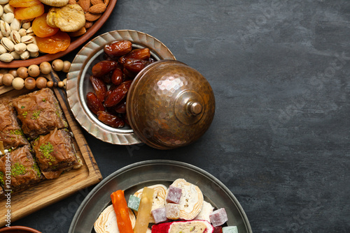 Composition with traditional Eastern sweets and tasbih for Ramadan on dark background photo