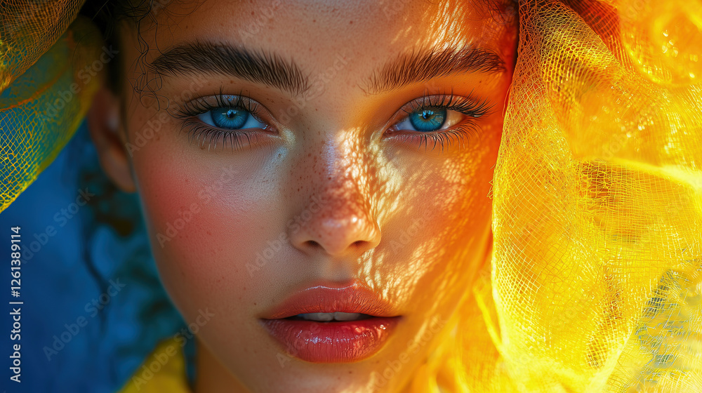A close-up portrays vibrant blue eyes against colorful lighting and shadows. The look represents beauty and self-expression, leveraging high contrast and warm hues