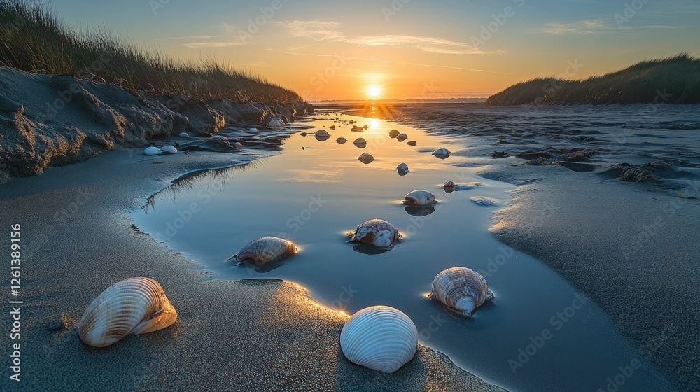 Obraz premium Seashells gleam in sunset's golden beach water.