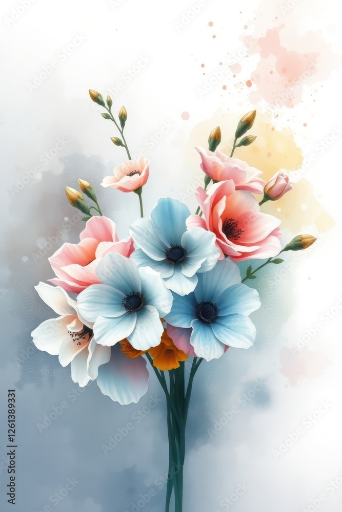 Obraz premium Delicate flowers blend in soft tones and smooth transitions, creating a light, airy composition ideal for greeting cards and seasonal designs