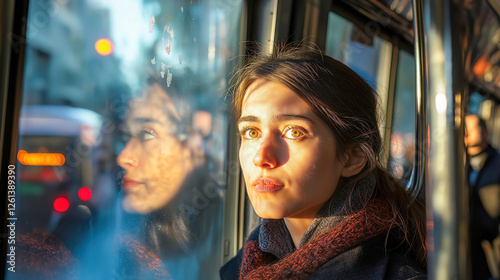 Obraz na płótnie A beautiful young woman gazes out from a tram window while commuting, reflecting deeply amidst warm sunlight. Her expression conveys calmness and contemplation in an urban, heartfelt setting. w salonie