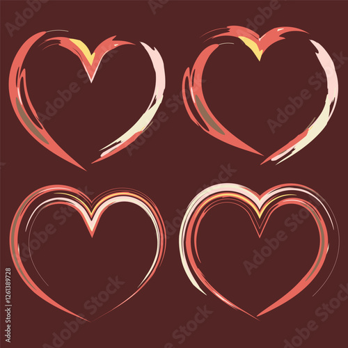 Hand-painted heart shapes with expressive brushstroke texture creating an artistic and organic feel. Playful composition for romantic creative and expressive design projects. Unique artistic element.