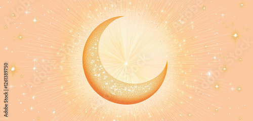 A golden starburst pattern surrounding a crescent moon, subtly glowing on a peach colored background.