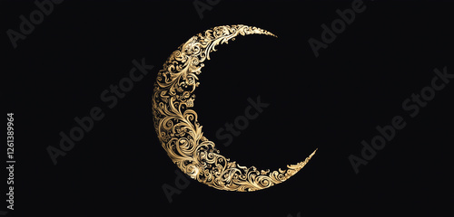A minimalist crescent moon design with intricate gold filigree, set against a luxurious black background.