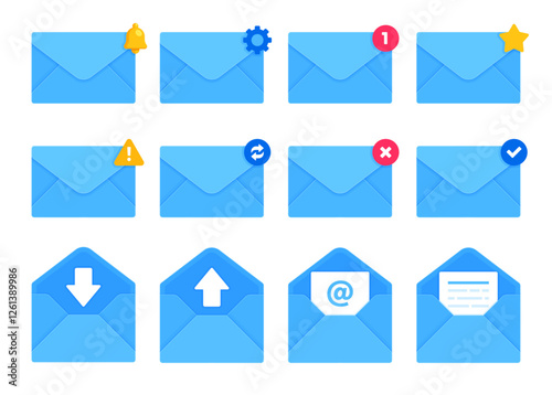 Set of blue email and message envelope icons with notification and status symbol. Digital communication, e-mail client, inbox management concept. Flat vector illustration isolated on white background	