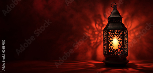 A single ornate lantern, glowing softly and casting intricate shadows, on a matte burgundy background.