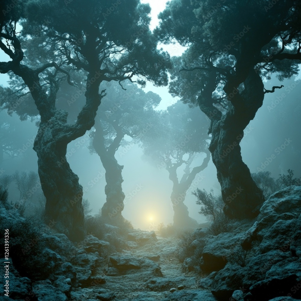 Fototapeta premium Mysterious path through misty forest, ethereal light.
