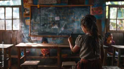 In Nicaragua, a teacher uses a small chalkboard to instruct children in a rural schoolhouse. Despite worn desks and humidity