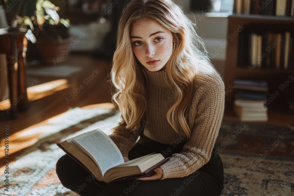 Blond Woman Reading a Book in a Cozy Home Setting Blond Woman Reading a Book in a Cozy Home Setting