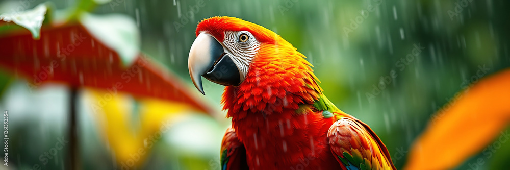 Obraz premium vibrant scarlet macaw in tropical rain with blurred background
