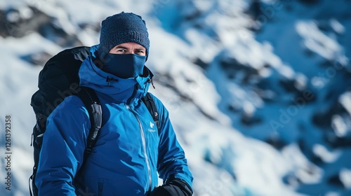 A male climber in a blue jacket, black snow pants, and a balaclava, navigating a crevasse on Mount Monch in Switzerland. The surrounding landscape is vast and icy, with dramatic shadows photo