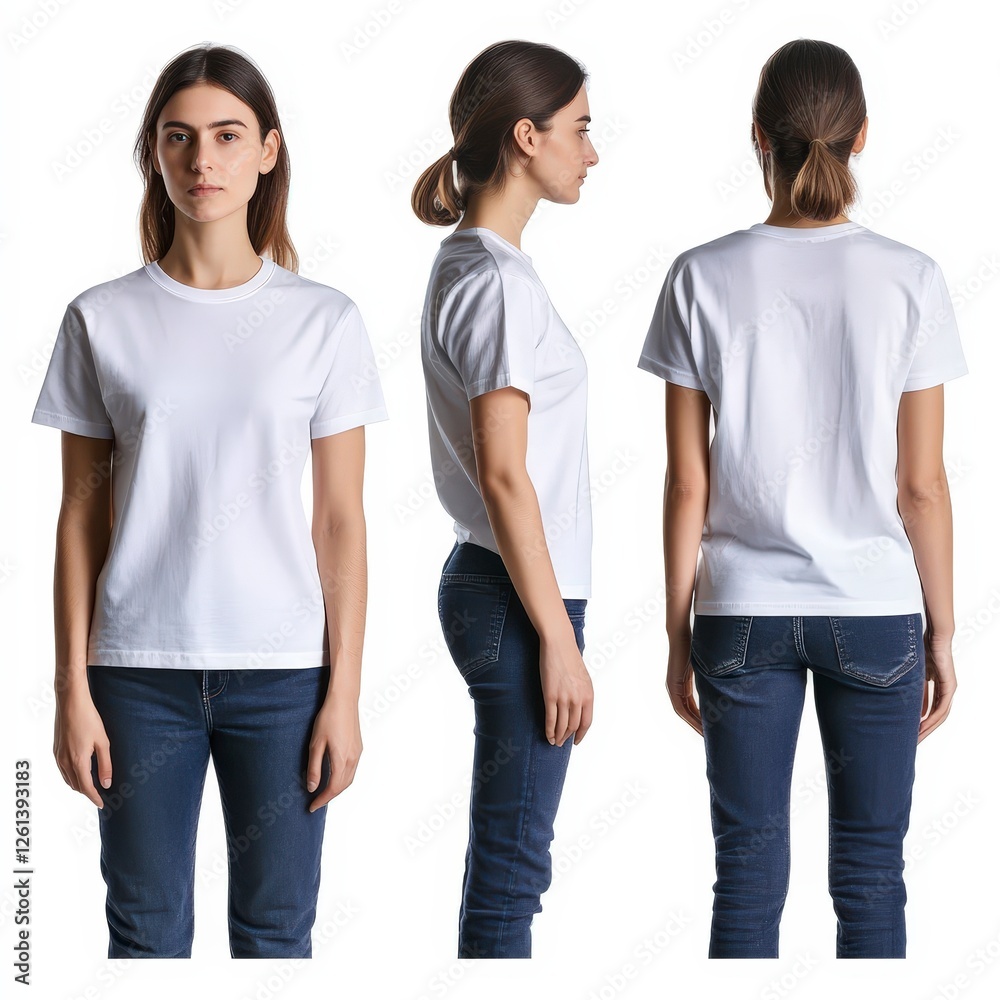 Obraz premium Model Showcasing Plain White T-Shirt from Multiple Angles Display